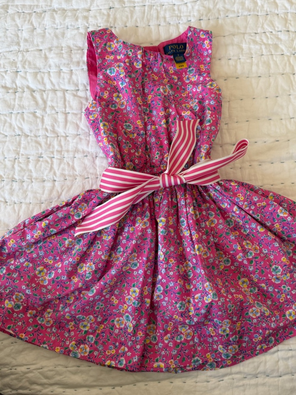 Polo by Ralph Lauren Girls' Pink Floral Dress with Striped Ribbon